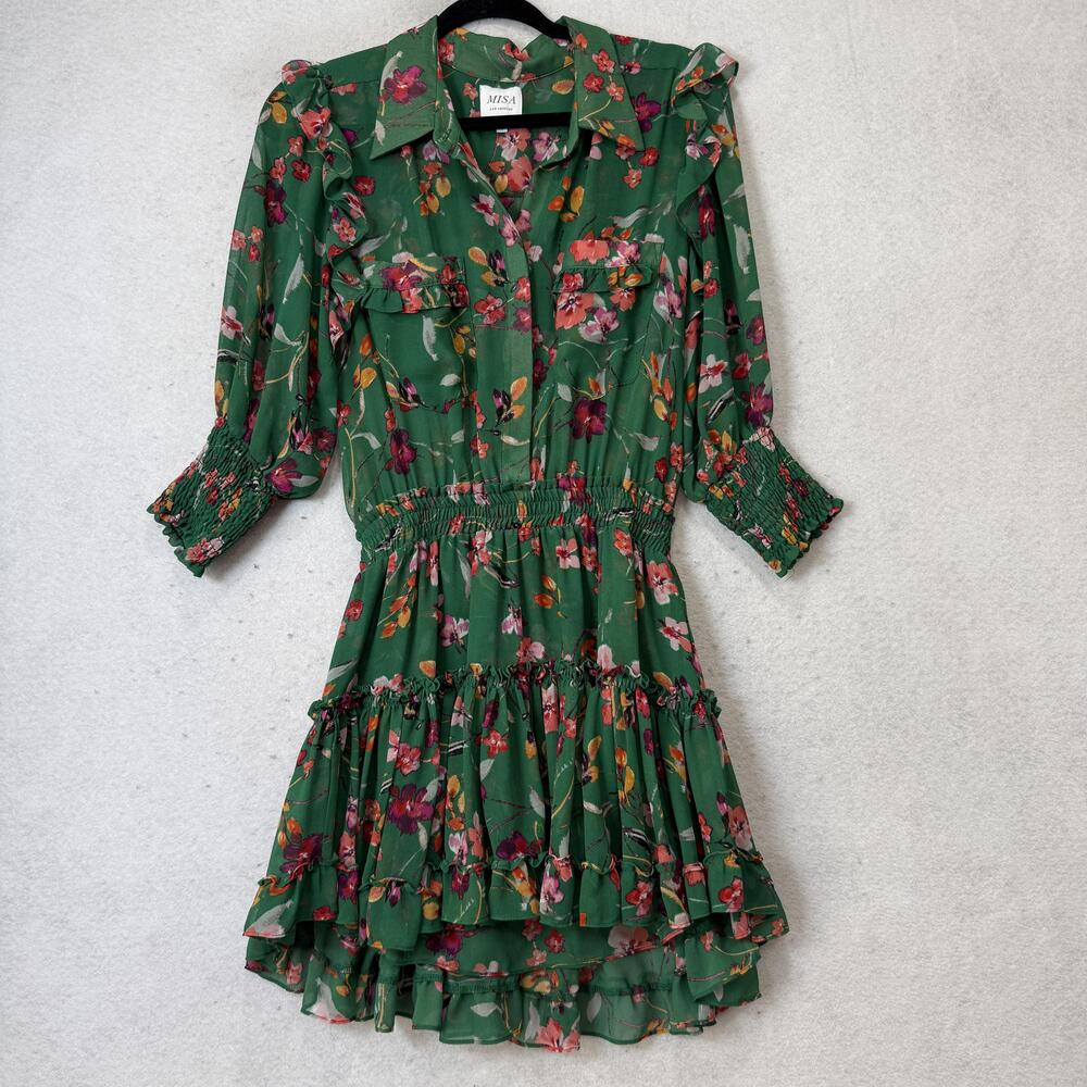 Misa Dress Womens Medium Green Floral Smocked 3/4 Sleeve Ruffle Mini Boho